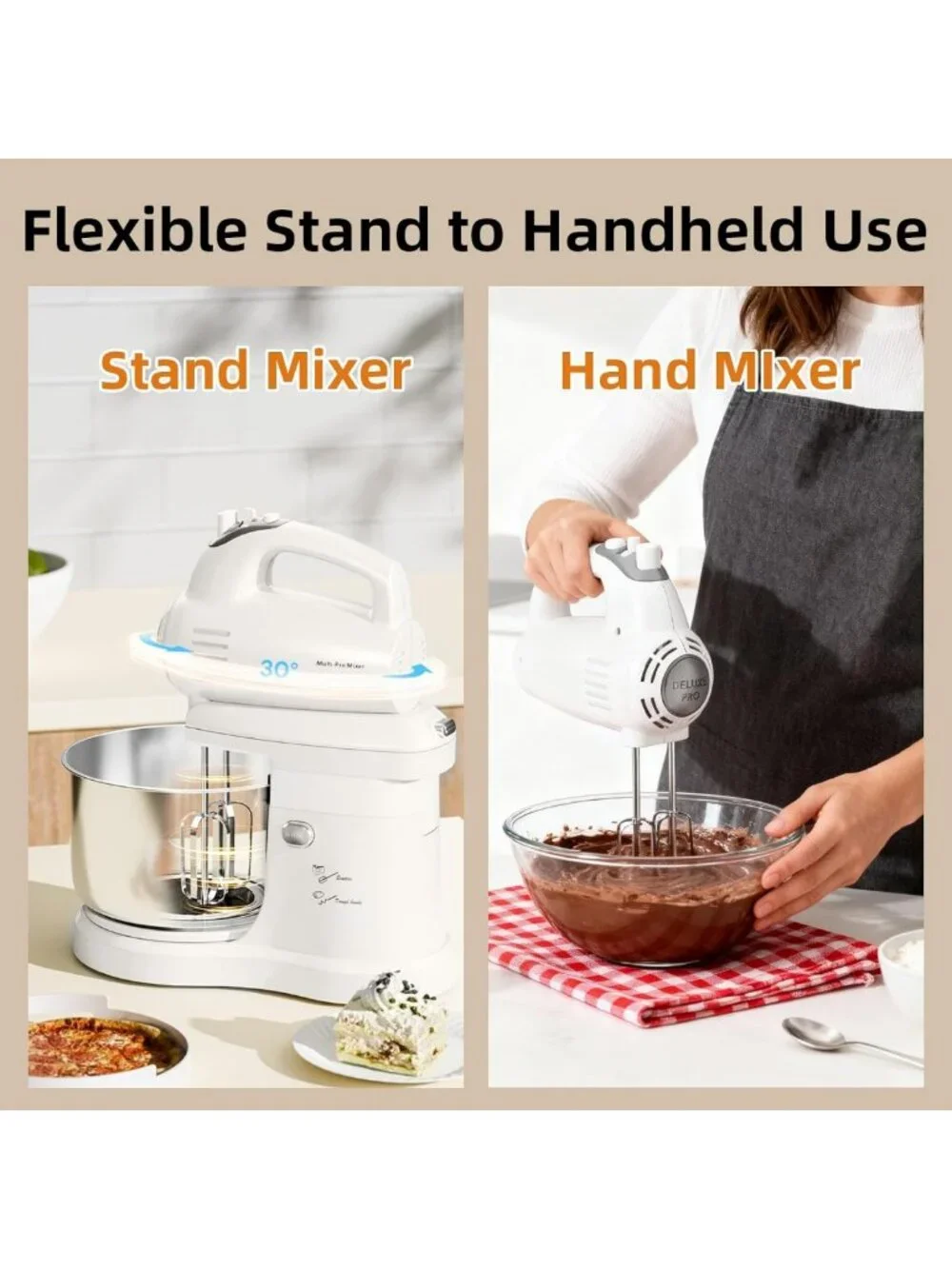 2-in-1 Electric Stand Mixer 3.2QT with Auto-Rotating Bowl & 5-Speed Turbo for